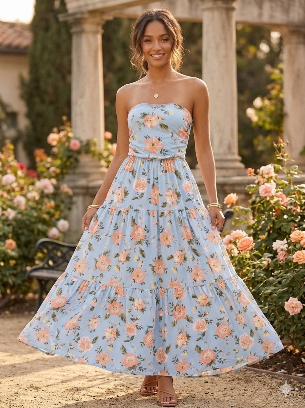 Streetwear Society Strapless Floral Maxi Dress - Light Blue with Peach